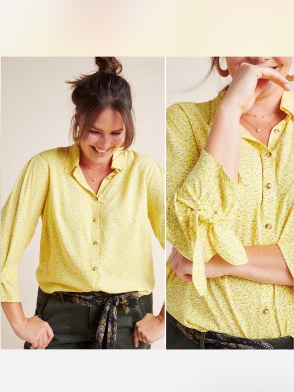Anthropologie Yellow Printed Tie-Cuff Button-Down Shirt Size 10